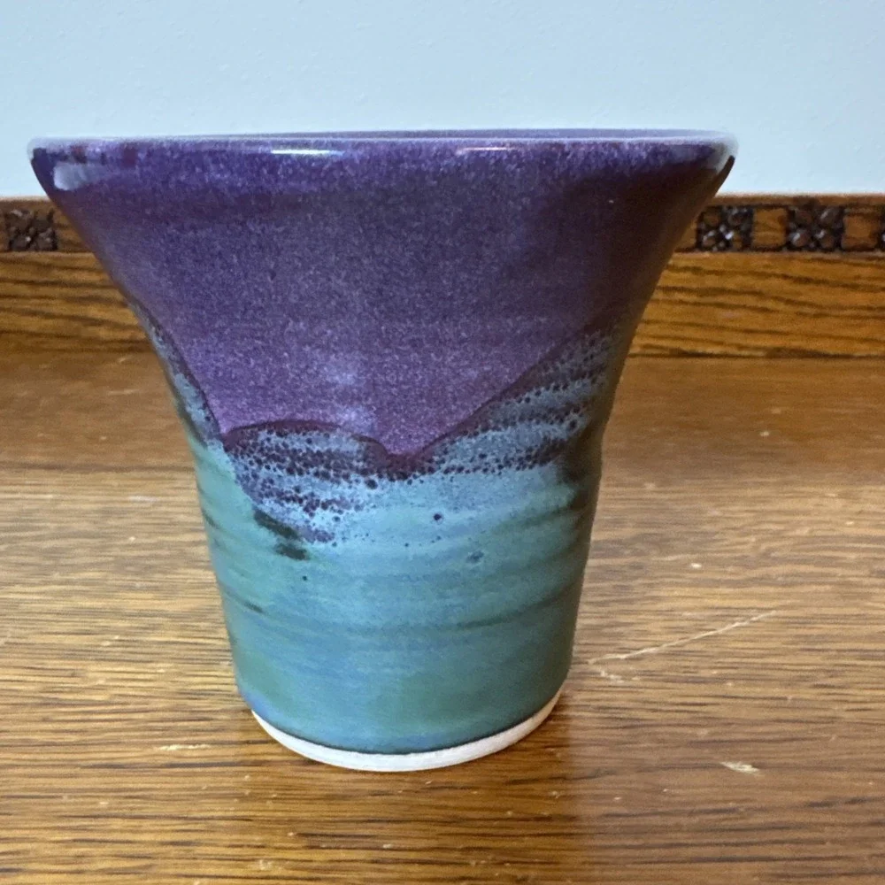 Studio Pottery Vase or Planter Purple Teal Glaze Handmade Ceramic 4.25
